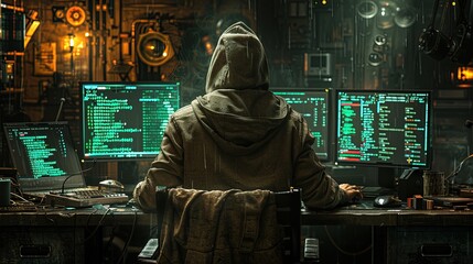 A computer hacker commits crimes in the digital world. Displaying real programming scripts codes and hacking tools. Malware concept. Hacker background.