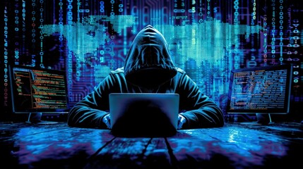 A computer hacker commits crimes in the digital world. Displaying real programming scripts codes and hacking tools. Malware concept. Hacker background.