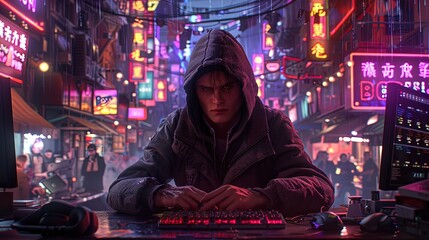 A computer hacker commits crimes in the digital world. Displaying real programming scripts codes and hacking tools. Malware concept. Hacker background.