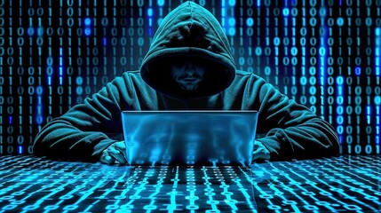 A computer hacker commits crimes in the digital world. Displaying real programming scripts codes and hacking tools. Malware concept. Hacker background.