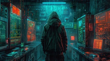 A computer hacker commits crimes in the digital world. Displaying real programming scripts codes and hacking tools. Malware concept. Hacker background.