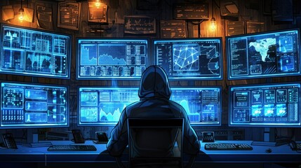 A computer hacker commits crimes in the digital world. Displaying real programming scripts codes and hacking tools. Malware concept. Hacker background.