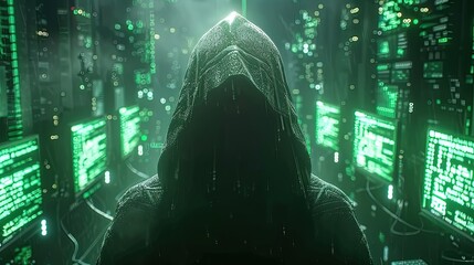 A computer hacker commits crimes in the digital world. Displaying real programming scripts codes and hacking tools. Malware concept. Hacker background.