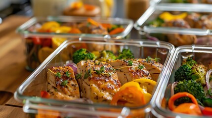 close-up of meal prep containers filled with grilled chicken, vegetables, and herbs. healthy food fo