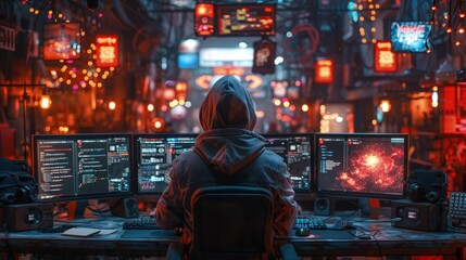 A computer hacker commits crimes in the digital world. Displaying real programming scripts codes and hacking tools. Malware concept. Hacker background.