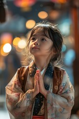 Wall Mural - little Asian girl praying looking up