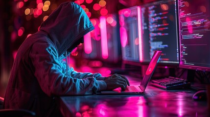A computer hacker commits crimes in the digital world. Displaying real programming scripts codes and hacking tools. Malware concept. Hacker background.