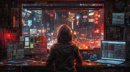 A computer hacker commits crimes in the digital world. Displaying real programming scripts codes and hacking tools. Malware concept. Hacker background.