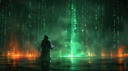 A computer hacker commits crimes in the digital world. Displaying real programming scripts codes and hacking tools. Malware concept. Hacker background.
