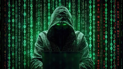 Wall Mural - A computer hacker commits crimes in the digital world. Displaying real programming scripts codes and hacking tools. Malware concept. Hacker background.