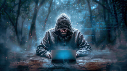 A computer hacker commits crimes in the digital world. Displaying real programming scripts codes and hacking tools. Malware concept. Hacker background.