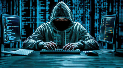 A computer hacker commits crimes in the digital world. Displaying real programming scripts codes and hacking tools. Malware concept. Hacker background.