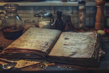 Ancient Cookbook on Rustic Kitchen Counter