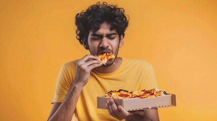 young indian man eating delicious pizza on yellow isolated background curly guy student holding pizza box and biting a piece of fast food : Generative AI