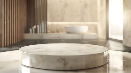 Poster - Empty marble podium in blurred bathroom to place your design : Generative AI