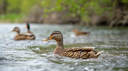 Wall Mural - Wild ducks are swimming in the river in the springtime