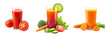 © Arma Design - Healthy vegetable juices in three glasses of fresh tomato, mixed vegetable, and carrot juice, isolated on a transparent background.