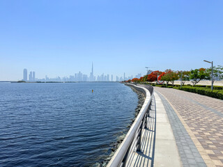 Wall Mural - beautiful embankment with flowering trees overlooking the downtown Dubai on a sunny day, UAE