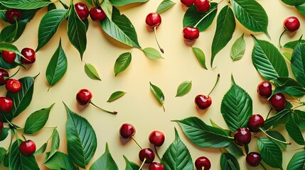 A background of ripe juicy cherries among green leaves on a beige background. A sweet healthy snack.