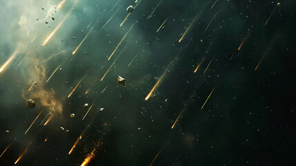 Poster - a cinematic still of 100 astroids rain away from camers, dark background