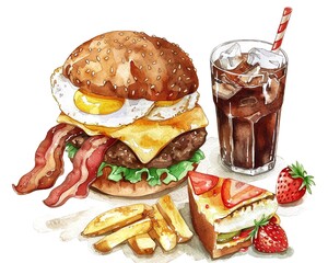 Watercolor illustration of a delicious burger with bacon and egg, fries, soda, strawberry cake slice, and strawberries.