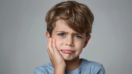 Wall Mural - little boy presses hand to cheek, suffers from pain in tooth isolated on gray studio background. Teeth decay, dental problems, child emotions and facial expression