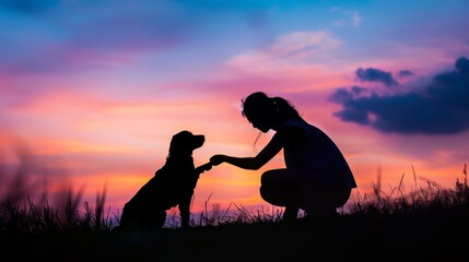 Sunset dusk silhouette of dog and a beautiful female with family in outdoor park