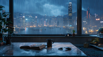 Wall Mural - RELAX CHILL SPACE,Study, first person perspective, table, textbook and coffee at hand.,showing a luxury study book room with large windows overlooking the Hong Kong city skyline at night