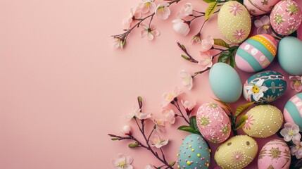 Wall Mural - top view of beautiful easter eggs on table