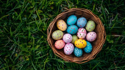 Wall Mural - top view of a full basket of colorful easter eggs on lawn