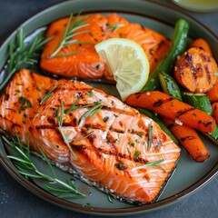Wall Mural - Delicious Grilled Salmon Fillets with Fresh Herbs, Lemon Slice, and Grilled Vegetables Including Carrots and Green Peppers on Plate