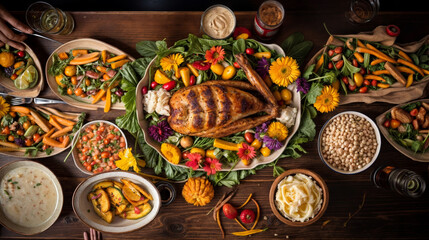 Top view of a Thanksgiving dinner created with Generative AI technology