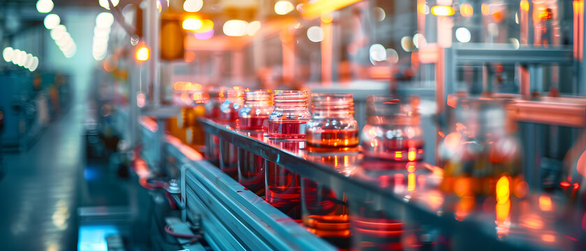 Bottles filled with red liquid on a production line in a factory.
