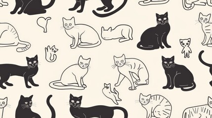  Seamless line pattern of cats in various playful poses, ideal for fabric design