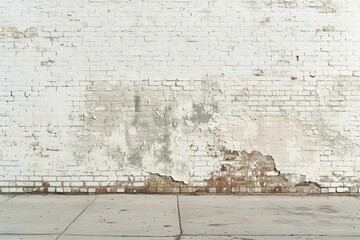 Wall Mural - Old white brick wall with peeling paint and weathered sidewalk. Urban decay concept. Design for poster, wallpaper, banner, background