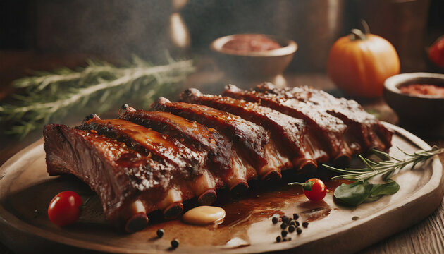 Close up of grilled spare ribs on plate over dark kitchen or restaurant table background. Delicious homecooked food