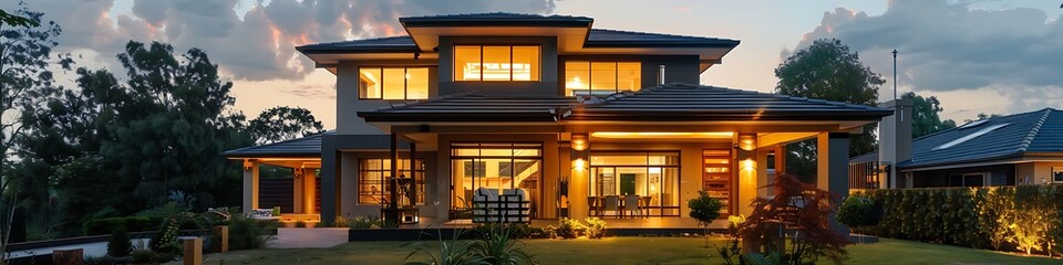 Wall Mural - /imagine: Modern suburban house at twilight, featuring elegant architecture, glowing interior lights, and a beautifully maintained garden, captured by an HD camera.