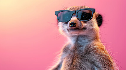 Wall Mural - A cute little animal wearing sunglasses and a smile. A playful mood. Meerkat in sunglass shade glasses isolated on solid pastel background, commercial, editorial advertisement, surreal surrealism