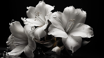 Sticker - Dewy White Flowers Close-up Black Background