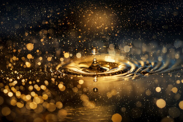 Wall Mural - This image captures a golden water droplet mid-splash against a bokeh light background, evoking a sense of magic