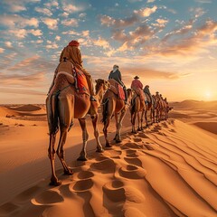 Wall Mural - Embark on a visual adventure as a caravan of camels traverses the expansive desert landscape, with vast stretches of sand and distant dunes creating a mesmerizing scene of ancient nomadic travel