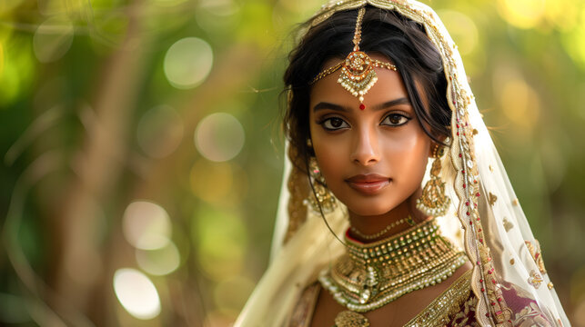 A young indian woman in a traditional bride costume