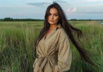 Wall Mural - A young woman with long hair, wearing an olive green shirt and brown pants, stands in the vast grassland under bright sunlight.