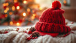 © A-Himu - A red santa hat Christmas decoration copy space blurred background