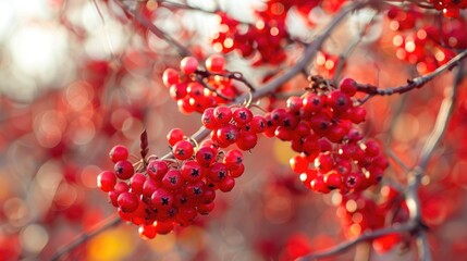 Wall Mural - Red berries of viburnum on tree branches during the fall season