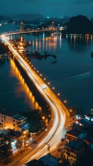 Wall Mural - City street at night with bridge in background