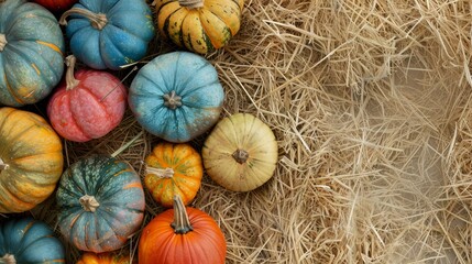 Wall Mural - Colorful pumpkins on hay in farm.