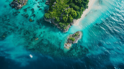 aerial view of tropical island, clear turquoise waters, lush greenery, white sandy beach, paradise