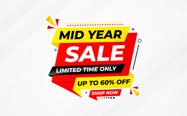 Wall Mural - Mid Year Sale banner vector template. New Year Discount vector graphic element. Super shop label Promo design. Product opening festival background collection.