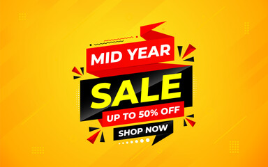 Wall Mural - Mid Year Sale banner vector template. New Year Discount vector graphic element. Super shop label Promo design. Product opening festival background collection.